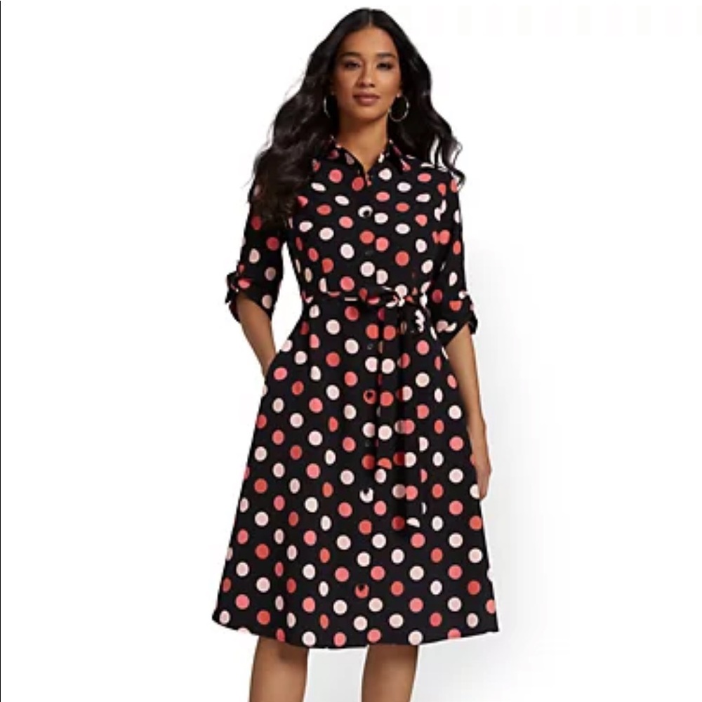 Polka-Dot Tie-Waist Shirtdress with pockets